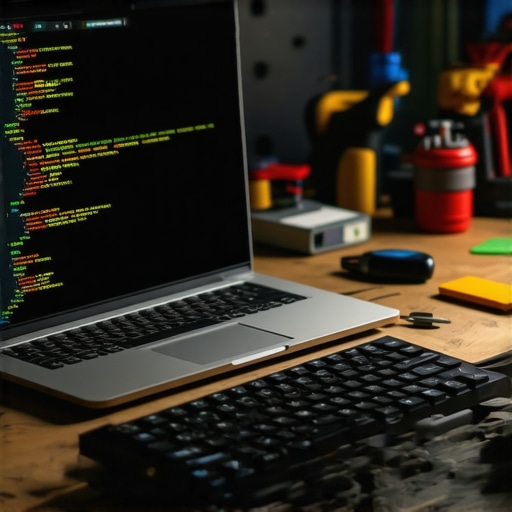 Close up of a programmer desk with a laptop showing code and tools in a workshop environment