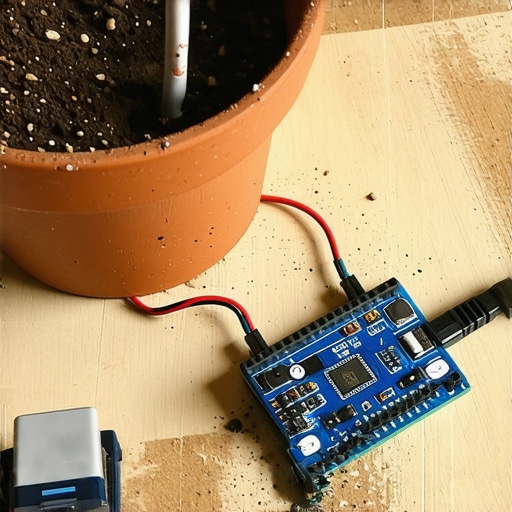 DIY Arduino Sistem za Zalivanje Detalj Arduino nano povezan sa senzorom vlažnosti zemljišta u saksiji na radnom stolu