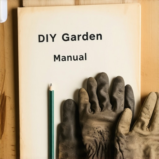 DIY Baštenski Priručnik na Radnom Stolu Ručno pravljen baštenski dnevnik od kartona i drveta sa semenima i alatom.