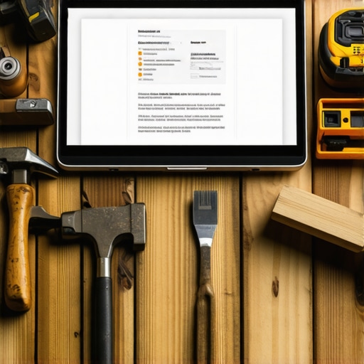 A laptop on a workbench surrounded by DIY tools showing an online survey creation interface.