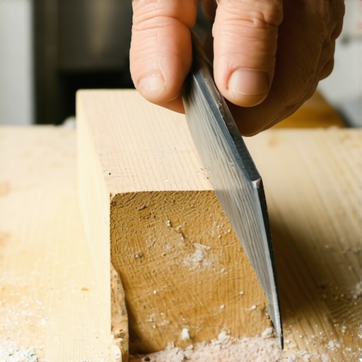 Homemade knife sharpener made of wood and sandpaper showing correct blade angle