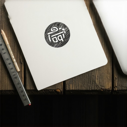 Hand-sketched logo on paper next to a digital design on a laptop in a workshop setting.