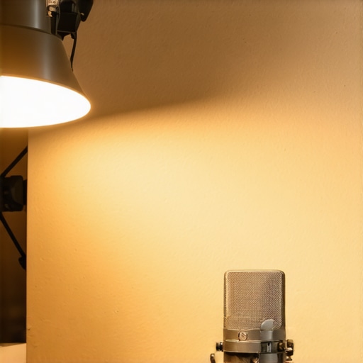 DIY Web Conference Setup Details Close-up of a DIY web conference setup featuring a diffused lamp and homemade acoustic treatment.