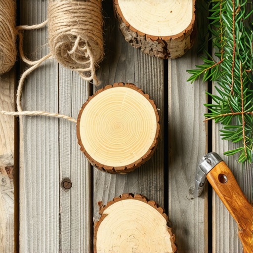 DIY drveni novogodišnji ukrasi proces izrade Ručno sečeni kolutovi drveta za novogodišnje ukrase na radnom stolu sa alatom