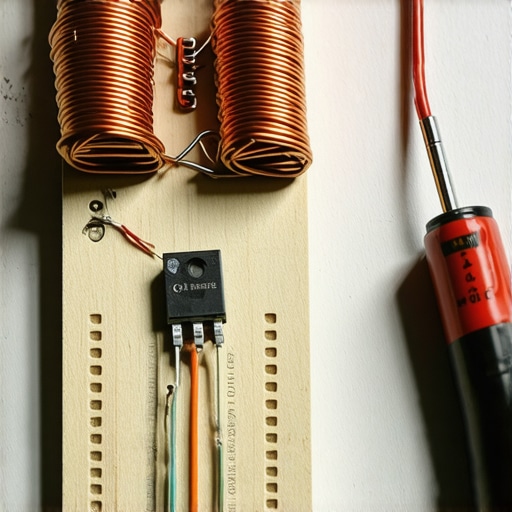 Ručno pravljen detektor metala sa bakarnim kalemom i baterijom na radnom stolu