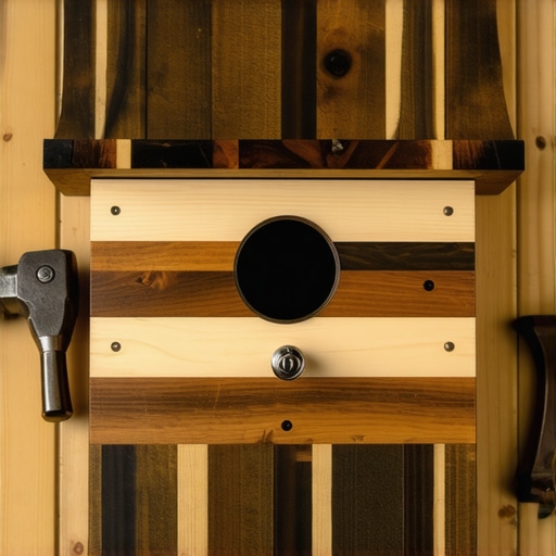 Detaljan prikaz ručno rađene kućice za ptice od otpadnih letvica na radnom stolu.