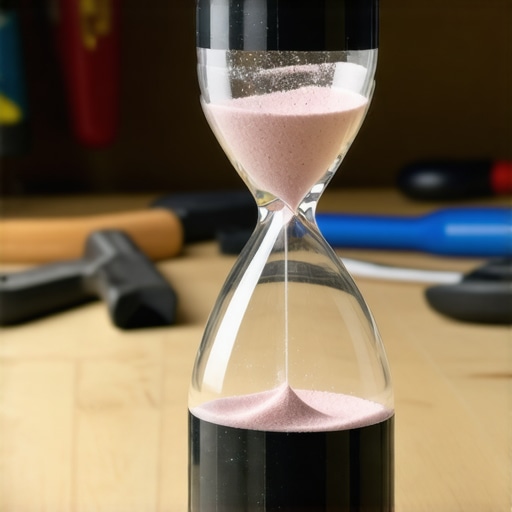 Domaći peščani sat napravljen od dve plastične flaše spojene trakom na stolu u radionici.