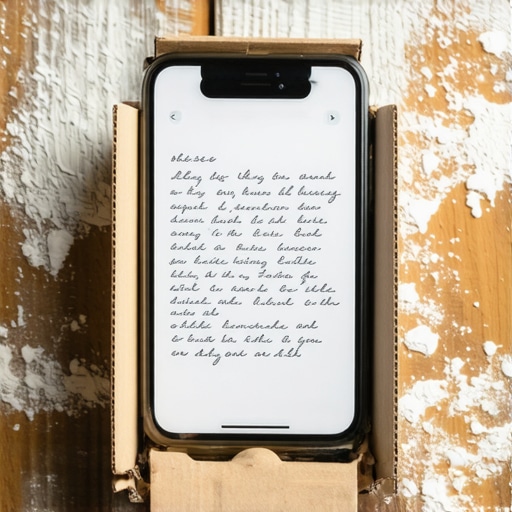 Pametni telefon na kartonskom stalku skenira stari recept u kuhinji