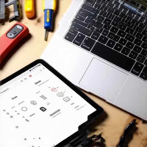 Tablet sa interfejsom aplikacije pored alata na drvenom stolu