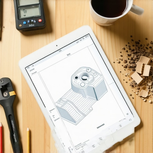 Radni sto majstora sa digitalnim nacrtima i mernim alatima