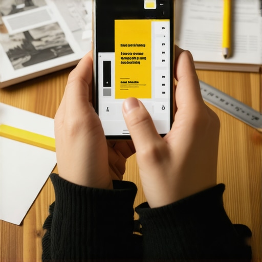 Ruke koje drže telefon i prave grafički dizajn za letak na drvenom stolu