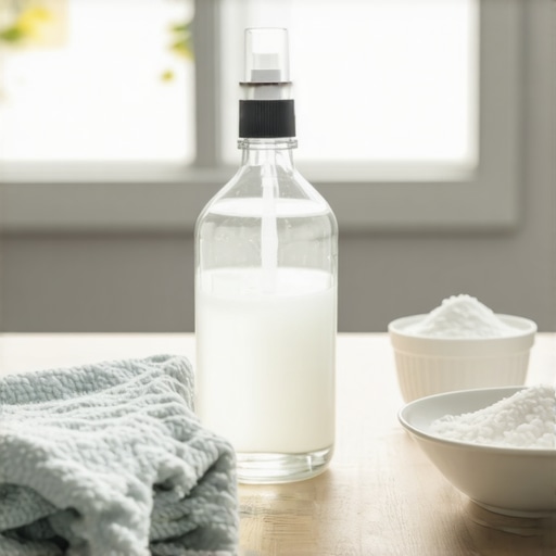 Domaće sredstvo za prozore u radionici Flaša sa domaćim sredstvom za čišćenje prozora na radnom stolu