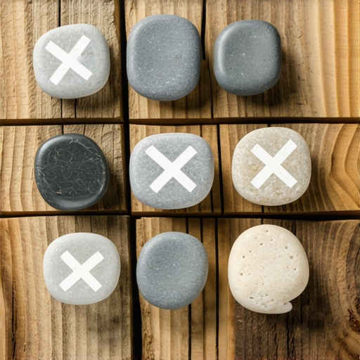 Igra Iks-Oks napravljena od deset rečnih oblutaka na drvenoj podlozi