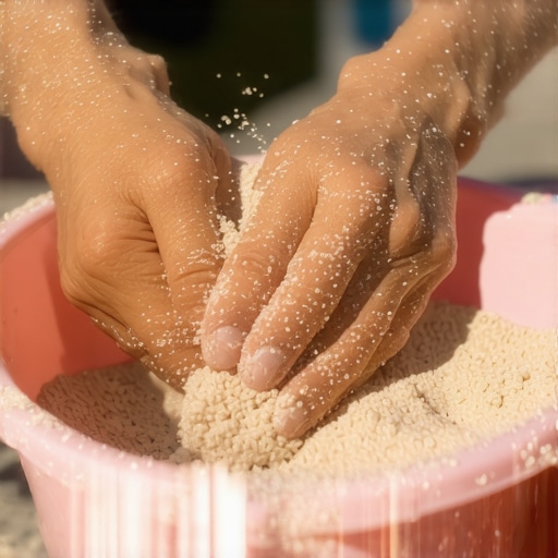 Ruke mešaju domaći kinetički pesak u posudi
