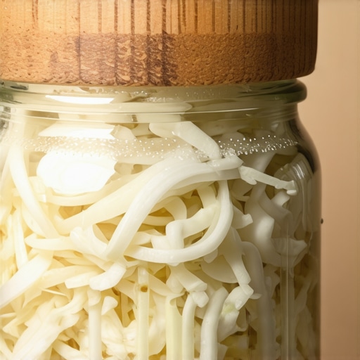 Zbijeni kiseli kupus ribanac u staklenoj tegli sa drvenim pritiskivačem