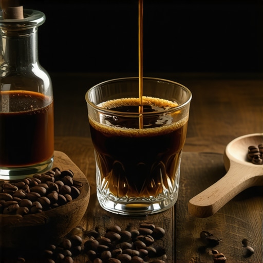 Tamni liker od kafe u staklenoj flaši na radnom stolu