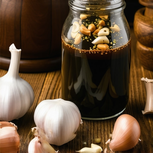 Staklena tegla sa belim lukom i uljem na drvenom stolu za pripremu melema za kosu