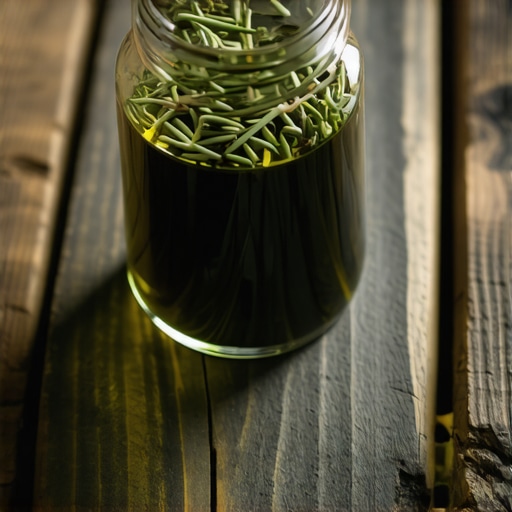 Tegla sa suvim ruzmarinom i uljem za jačanje kose na drvenom stolu