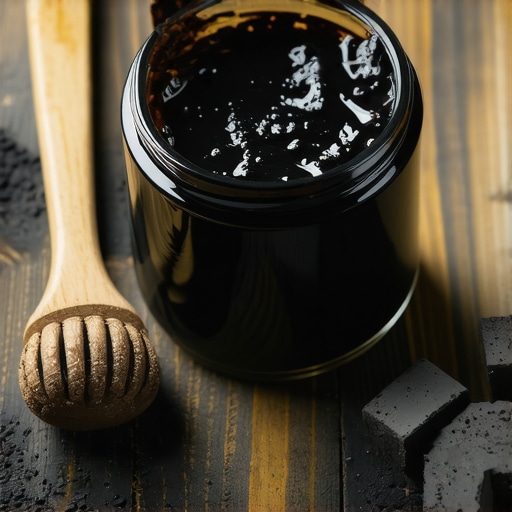 Gusta crna maska za lice u staklenoj tegli na drvenoj podlozi