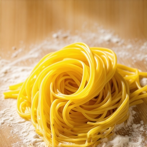 Domaći rezanci za supu na brašnjavoj dasci Ručno sečeni domaći rezanci sa jajima na drvenom stolu