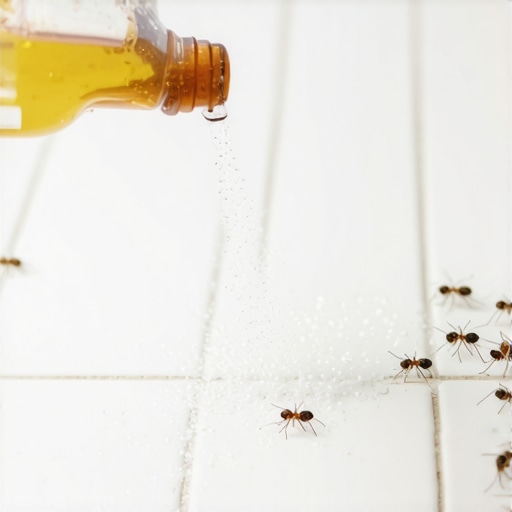 Prskanje mrava domaćim rastvorom sirćeta na kuhinjskim pločicama