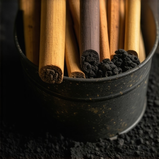 Ručno pravljeni štapići ugljena za crtanje od vrbe i loze smešteni u staru metalnu kutiju