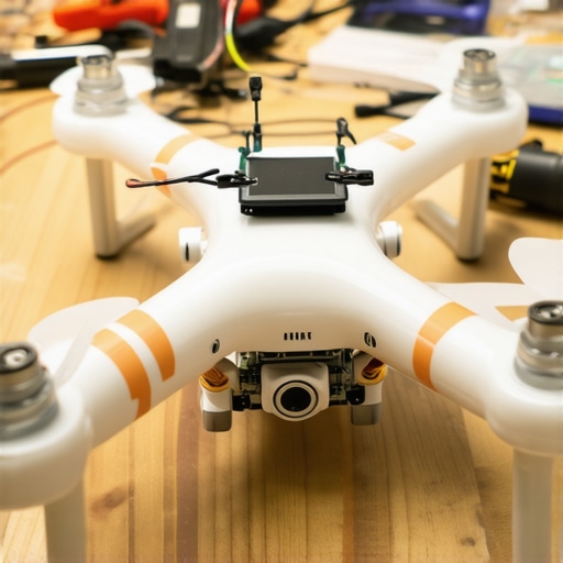 Dron napravljen od bele plastike od deterdženta sa vidljivom elektronikom i motorima na radnom stolu