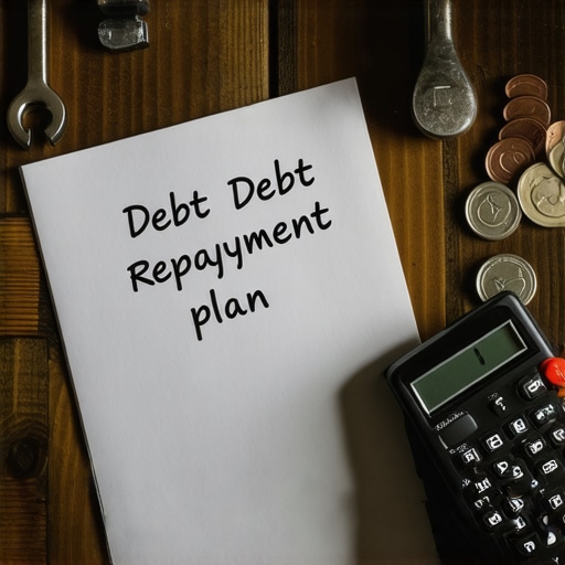 Finansijski plan u radionici Ručno pisan plan otplate duga na drvenom stolu sa alatima