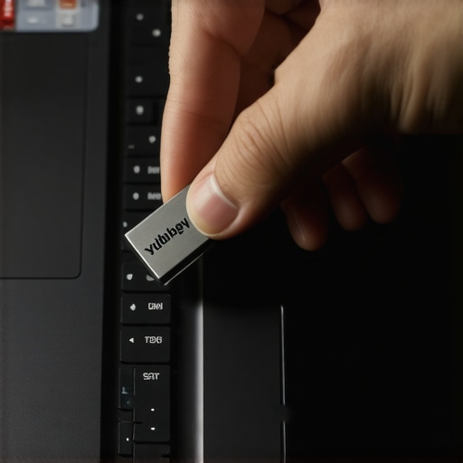 Ruka ubacuje bezbednosni ključ u laptop u mračnoj prostoriji