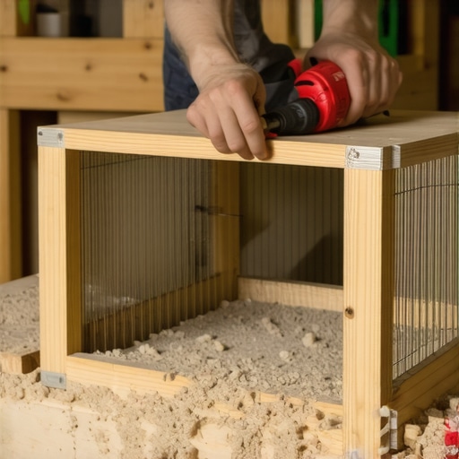 Čovek sklapa drveni ram za kavez za zeca u radionici