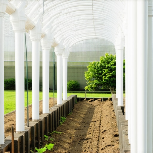 Prikaz savijenih PVC cevi koje formiraju lukove staklenika u bašti