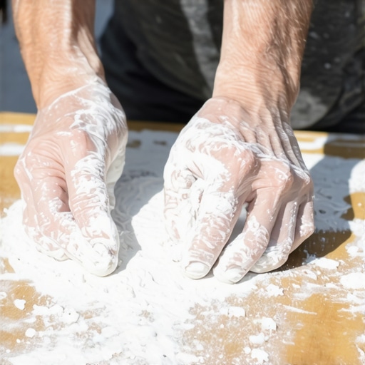 Ruke majstora mese domaću glinu od skroba i lepka na drvenom stolu