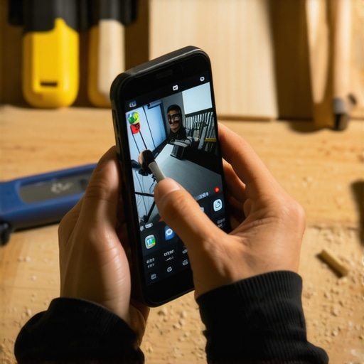 Mobilna kancelarija u zanatskom stilu Osoba montira video na pametnom telefonu u radionici