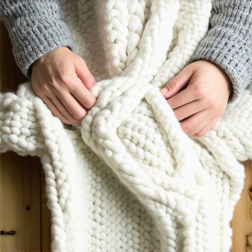 Krupni plan ruku koje pletu džinovsku merino vunu