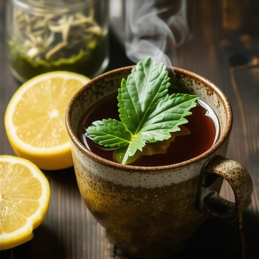 Šolja čaja od koprive na drvenom stolu sa limunom