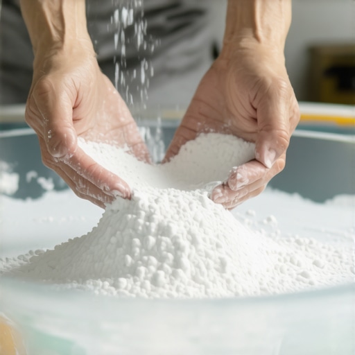 Ruke koje polako sipaju gips u prahu u posudu sa vodom u zanatskoj radionici