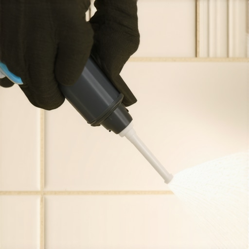 Nanošenje bele silikonske trake na spoj pločica i kade profesionalnim pištoljem