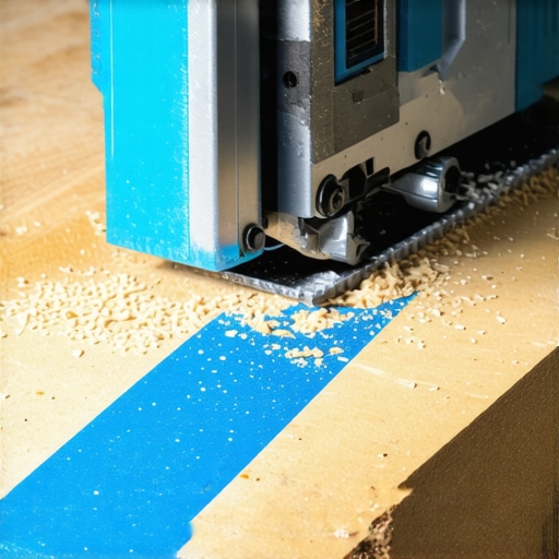 Detaljan prikaz sečenja drvene daske ubodnom testerom sa zaštitnom trakom za sprečavanje pukotina.