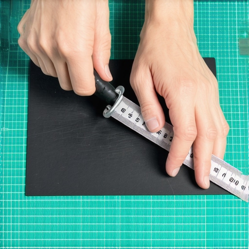 Ruke majstora seku crni karton metalnim lenjirom na zelenoj podlozi za sečenje