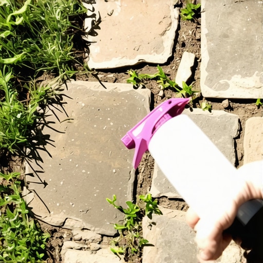 Domaći herbicid od sirćeta i soli nanesen na korov između kamenih ploča na stazi