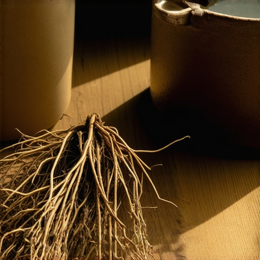 Sušeni koren koprive i keramička šolja čaja na drvenom stolu