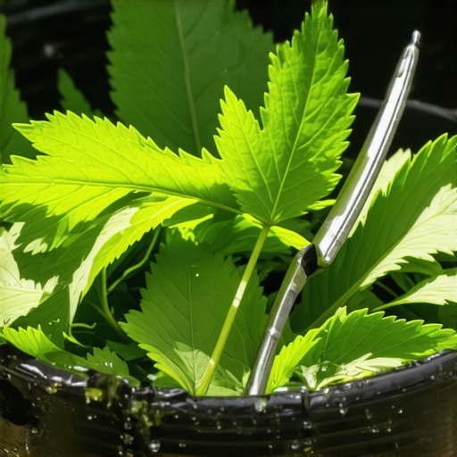 Sečenje sveže koprive u kantu za pravljenje domaćeg insekticida