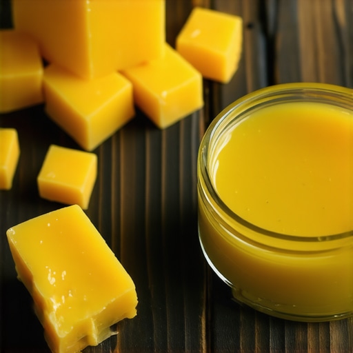 Prirodni pčelinji vosak i domaći melem Sirovi pčelinji vosak i gotov melem za bore na drvenom stolu