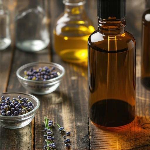 Tamna staklena bočica sa kapaljkom za domaći serum za lice na drvenom stolu