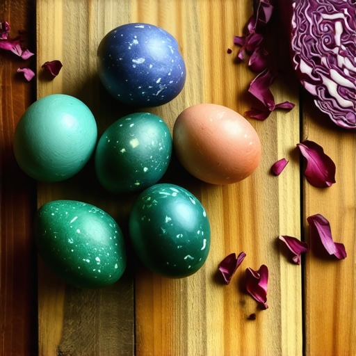 Jaja farbana lukovinom i kupusom na drvenoj podlozi