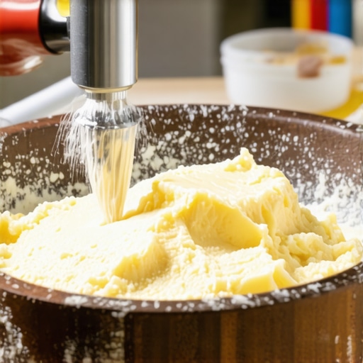 Sirovi ši puter u drvenoj posudi tokom procesa mućenja mikserom za postizanje kremaste teksture