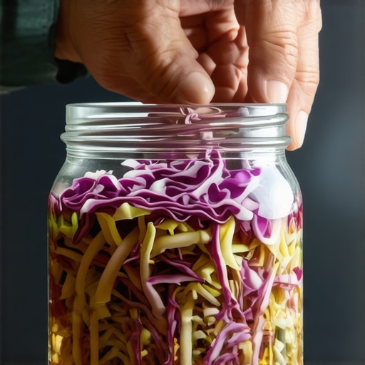 Ručno sabijanje rendanog kupusa u staklenu teglu radi fermentacije