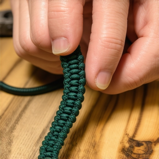Detaljan prikaz pletenja kobra čvora na narukvici od padobranskog kanapa