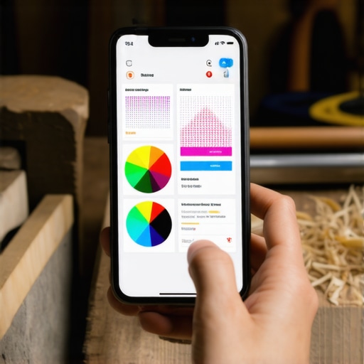 Osoba kreira Instagram grafiku na telefonu u DIY radionici sa alatima u pozadini