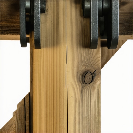 Detalj metalnih nosača sa kugličnim ležajevima na drvenoj gredi